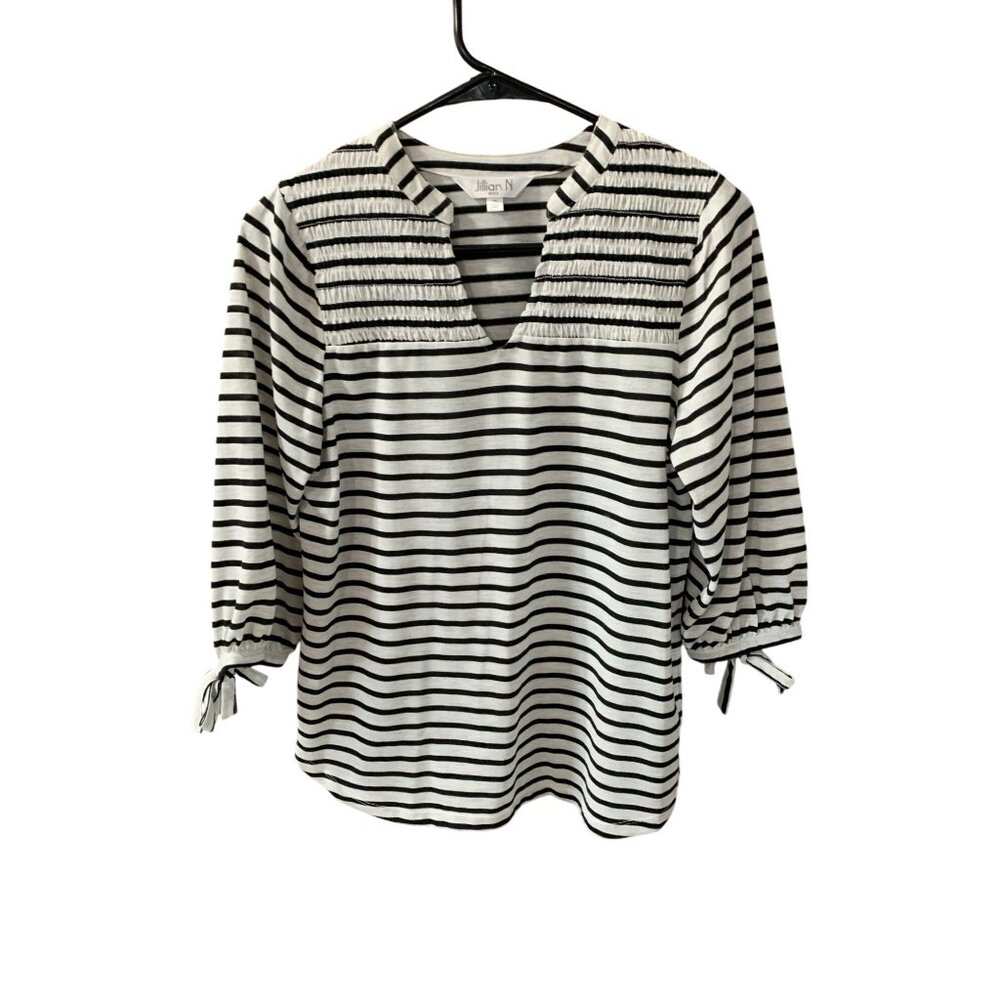 Jillian N Petite Womens Size S P Vneck Tshirt Pullover Striped Ruched Chest 3/4